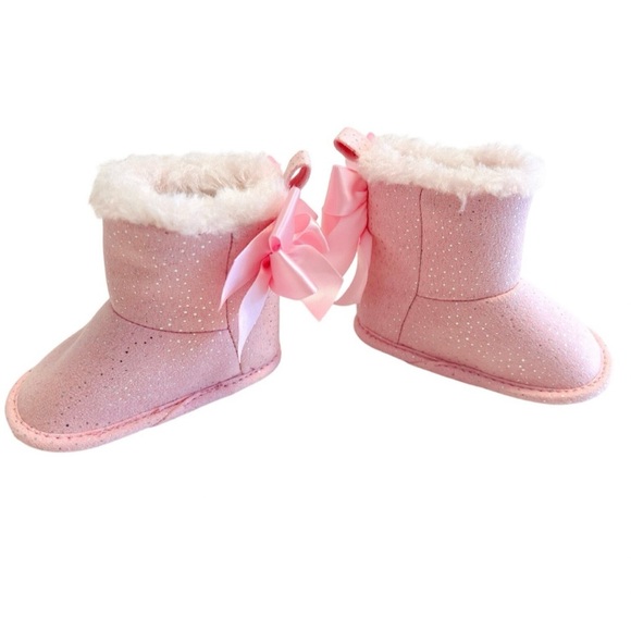 NWOT First Steps Pink Glitter Boots w/Faux Fur & Bow accents Baby Girl 3-6 MTHS - Picture 1 of 8